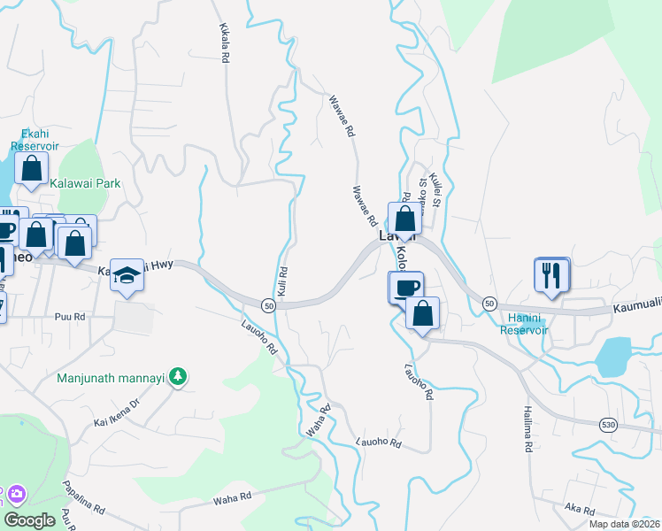 map of restaurants, bars, coffee shops, grocery stores, and more near 4584 Kuli Road in Kalaheo