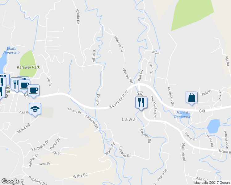 map of restaurants, bars, coffee shops, grocery stores, and more near 4584 Kuli Road in Kalaheo