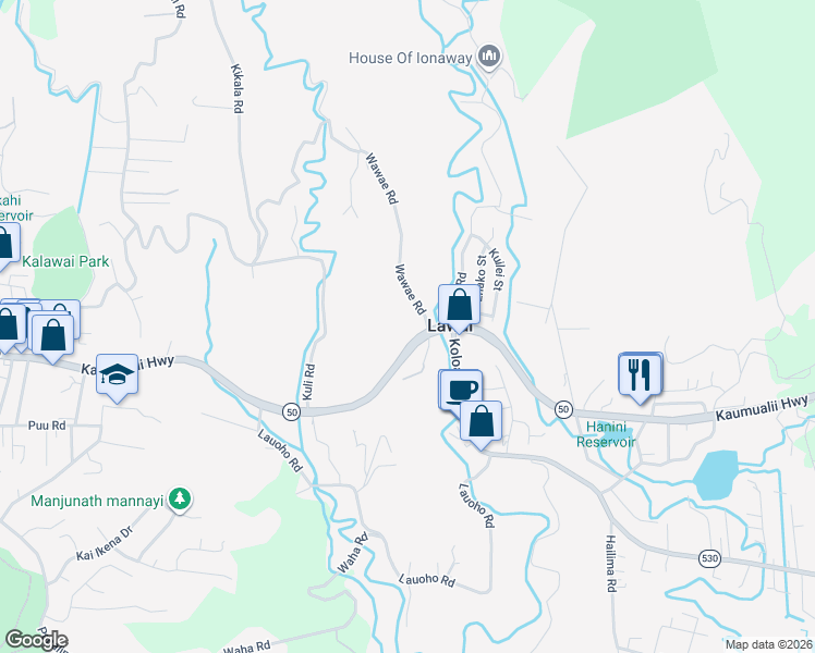 map of restaurants, bars, coffee shops, grocery stores, and more near 3320 Wawae Road in Kalaheo