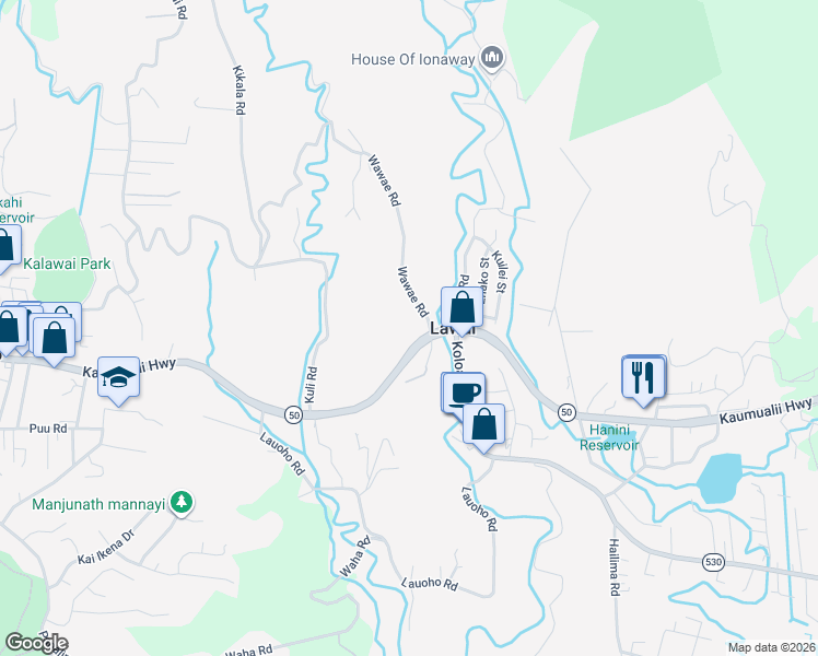 map of restaurants, bars, coffee shops, grocery stores, and more near 3320 Wawae Road in Kalaheo