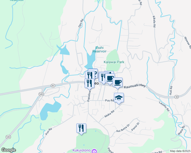 map of restaurants, bars, coffee shops, grocery stores, and more near 2484 Kino Road in Kalaheo