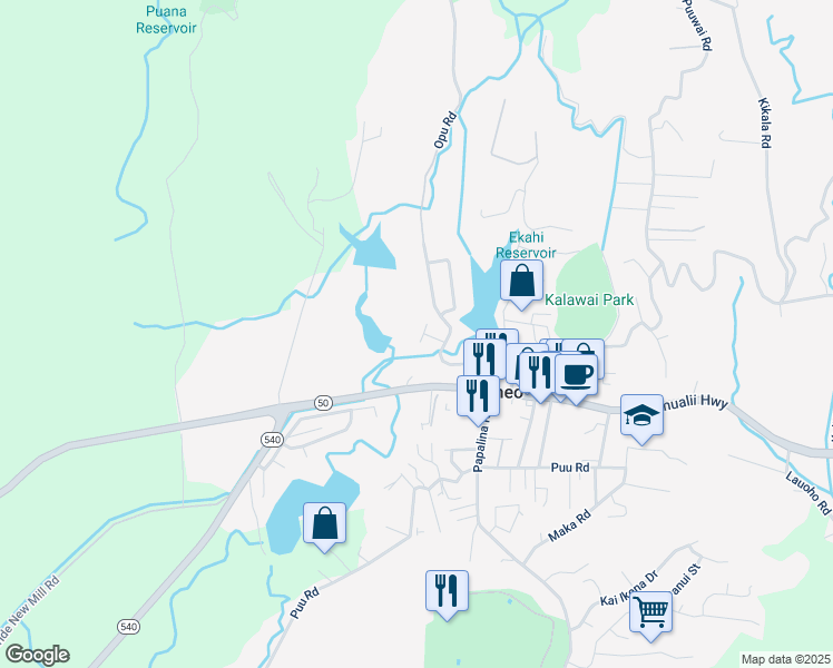 map of restaurants, bars, coffee shops, grocery stores, and more near 4599 Onohi Road in Kalaheo