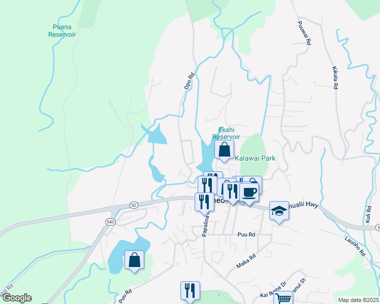 map of restaurants, bars, coffee shops, grocery stores, and more near 4691 Maikai Street in Kalaheo