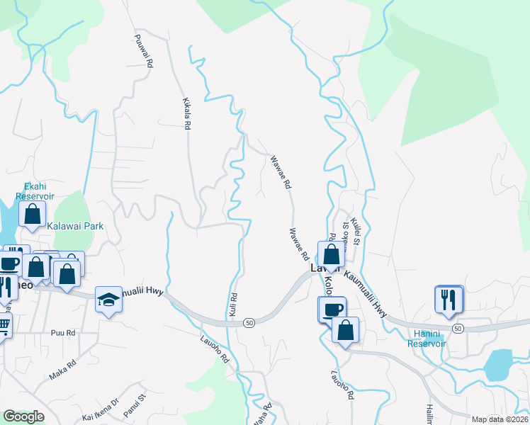 map of restaurants, bars, coffee shops, grocery stores, and more near 3200K Wawae Road in Kalaheo