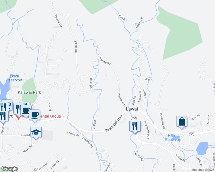 map of restaurants, bars, coffee shops, grocery stores, and more near 3200K Wawae Road in Kalaheo
