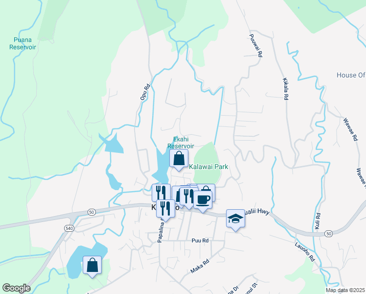 map of restaurants, bars, coffee shops, grocery stores, and more near 4688 Lae Road in Kalaheo
