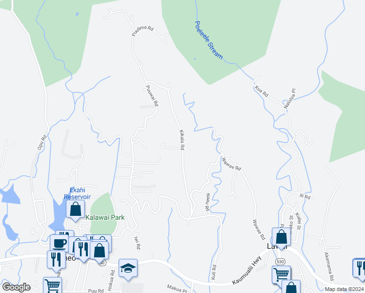map of restaurants, bars, coffee shops, grocery stores, and more near Kikala Road in Kalaheo