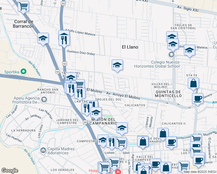 map of restaurants, bars, coffee shops, grocery stores, and more near 104 Privada Carretas in Aguascalientes