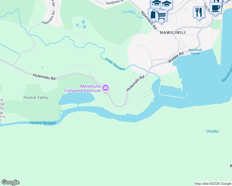 map of restaurants, bars, coffee shops, grocery stores, and more near 2443 Hulemalu Road in Lihue