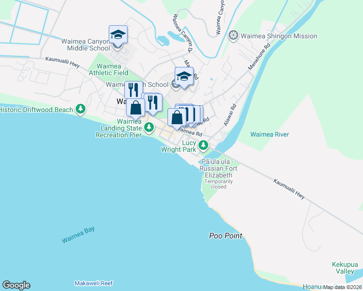 map of restaurants, bars, coffee shops, grocery stores, and more near 9897 Kahakai Road in Waimea