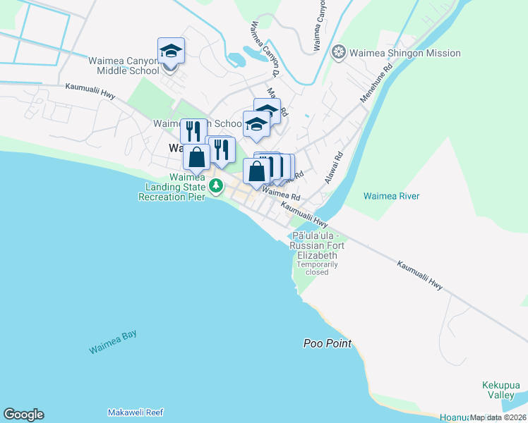 map of restaurants, bars, coffee shops, grocery stores, and more near 9897 Kahakai Road in Waimea