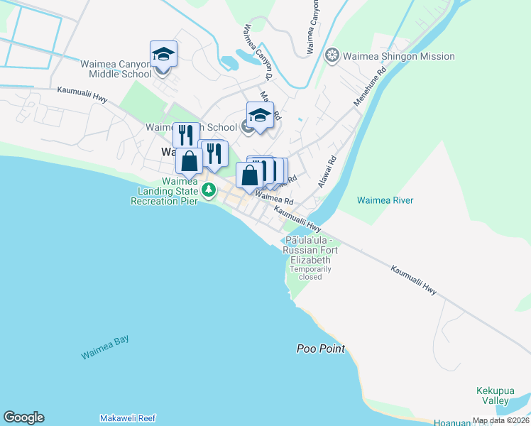 map of restaurants, bars, coffee shops, grocery stores, and more near 9897 Kahakai Road in Waimea