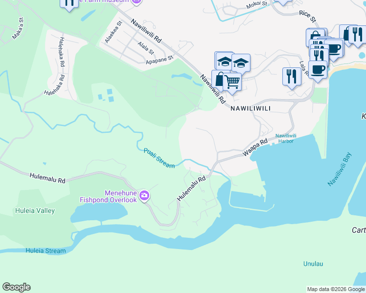 map of restaurants, bars, coffee shops, grocery stores, and more near 2500 Niumalu Road in Lihue