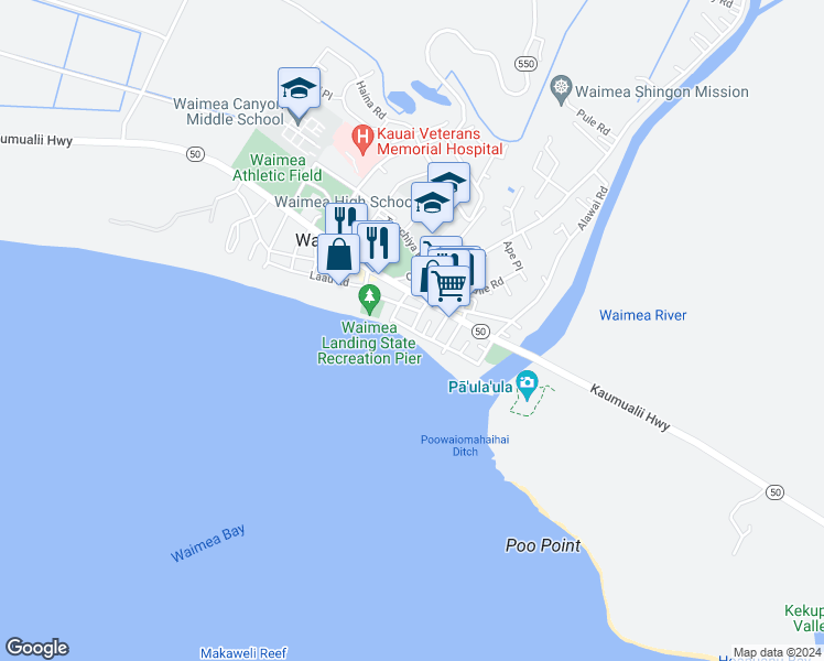 map of restaurants, bars, coffee shops, grocery stores, and more near Kahakai Rd & Halepule Rd in Waimea