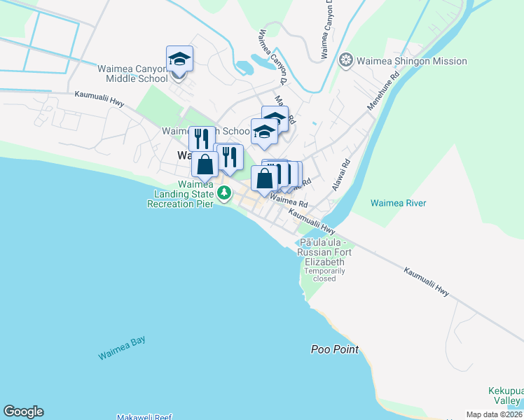 map of restaurants, bars, coffee shops, grocery stores, and more near 9897 Kahakai Road in Waimea