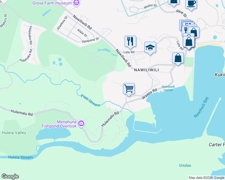 map of restaurants, bars, coffee shops, grocery stores, and more near 2500 Niumalu Road in Lihue