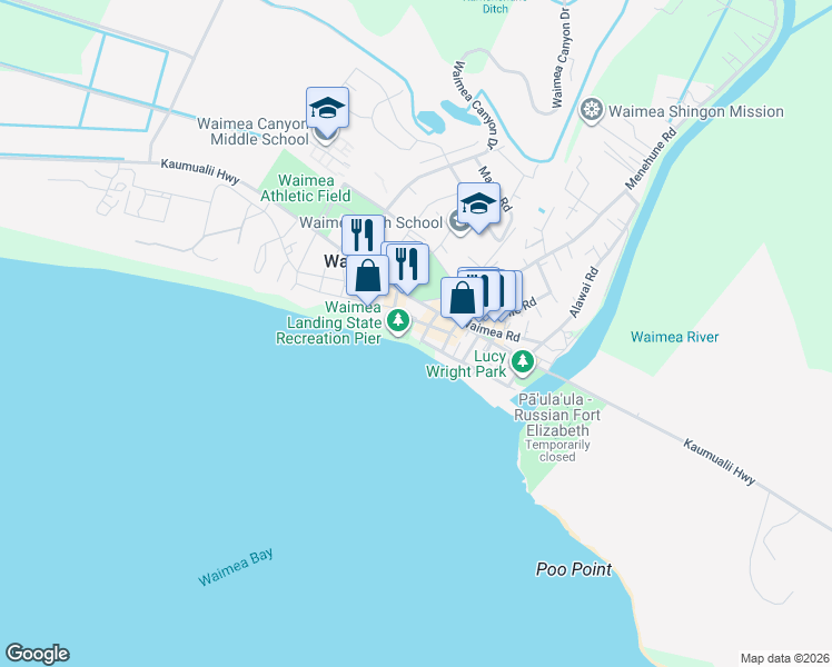 map of restaurants, bars, coffee shops, grocery stores, and more near 4493 Moana Road in Waimea