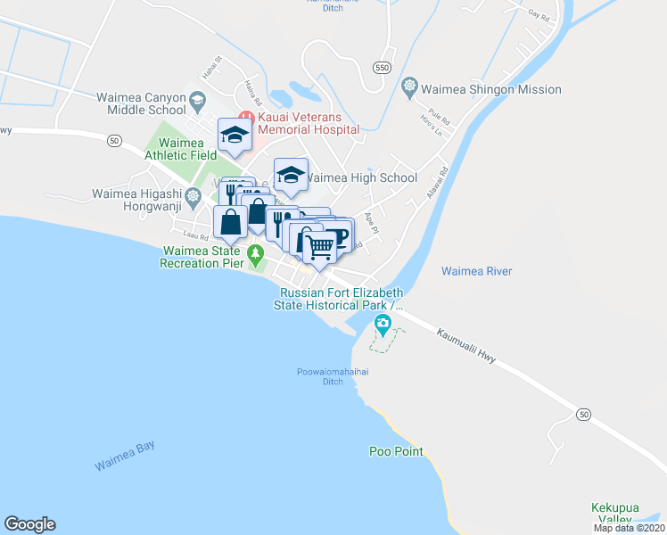 map of restaurants, bars, coffee shops, grocery stores, and more near Waimea Road in Waimea