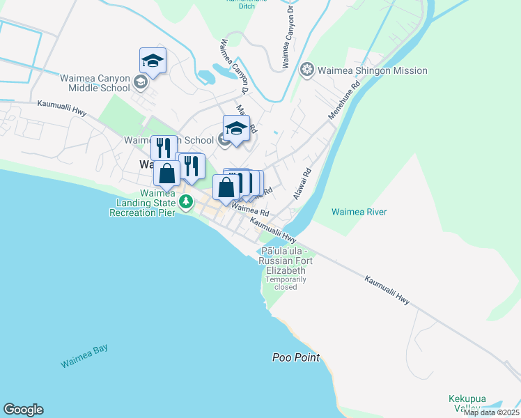 map of restaurants, bars, coffee shops, grocery stores, and more near 4596 Maile Road in Waimea
