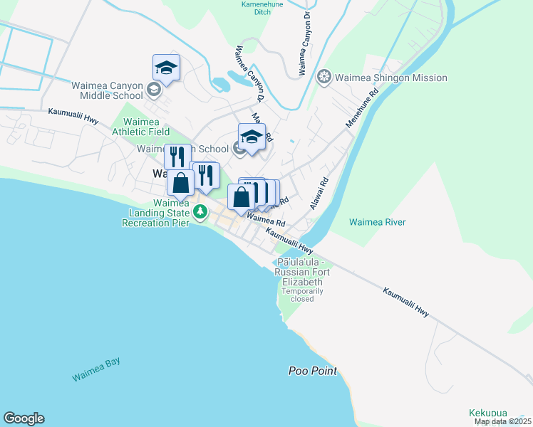 map of restaurants, bars, coffee shops, grocery stores, and more near 4596 Maile Road in Waimea