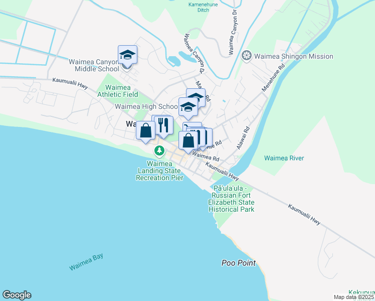 map of restaurants, bars, coffee shops, grocery stores, and more near Waimea Road in Waimea