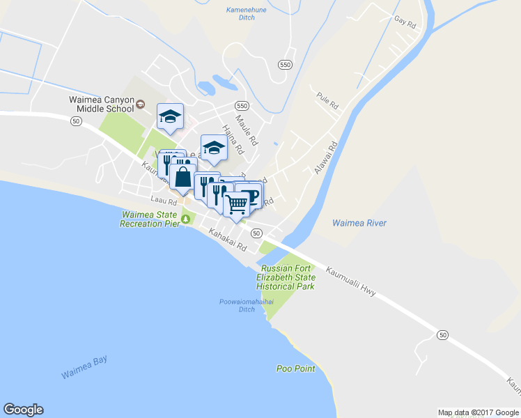 map of restaurants, bars, coffee shops, grocery stores, and more near 4596 Maile Road in Waimea