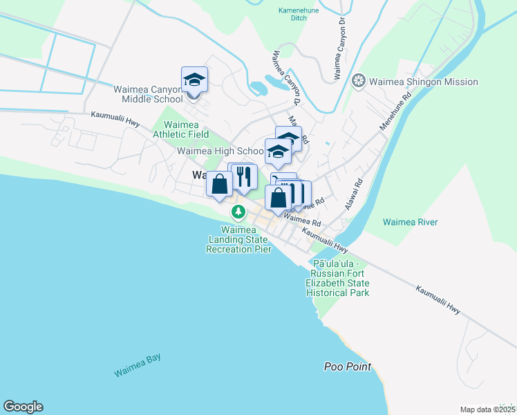map of restaurants, bars, coffee shops, grocery stores, and more near 4493 Moana Road in Waimea