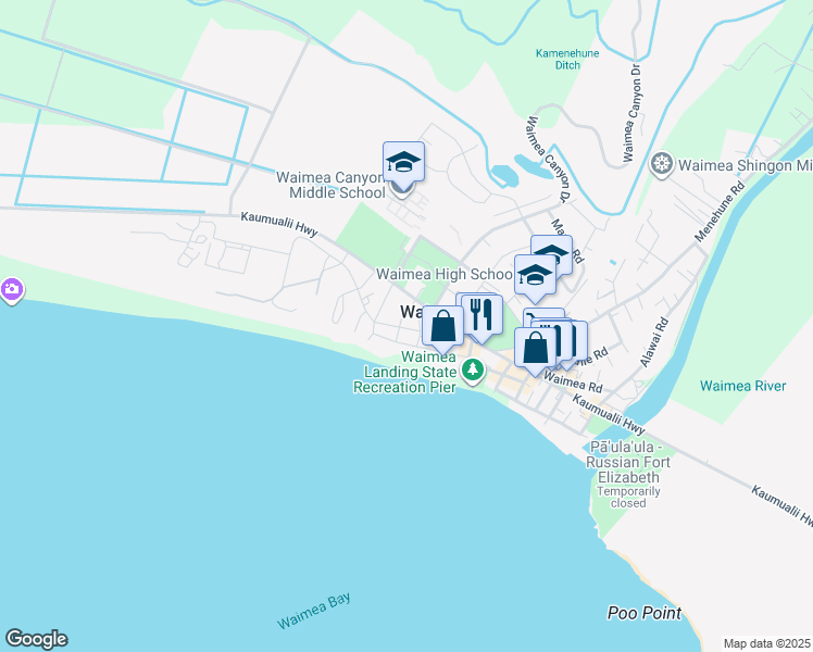 map of restaurants, bars, coffee shops, grocery stores, and more near 9600 Kaumualii Highway in Waimea