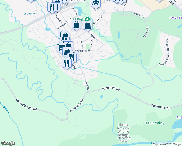 map of restaurants, bars, coffee shops, grocery stores, and more near 1937 Hokunui Place in Lihue