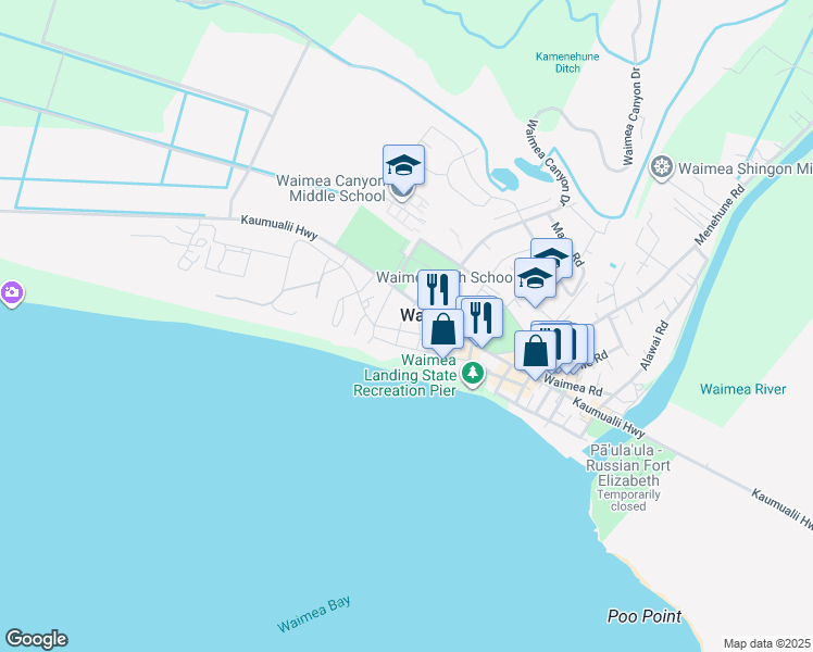 map of restaurants, bars, coffee shops, grocery stores, and more near 9600 Kaumualii Highway in Waimea