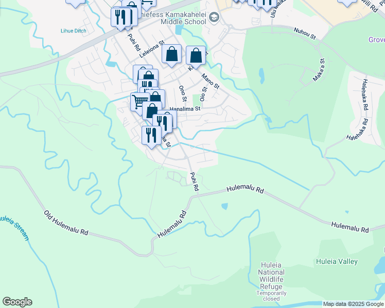 map of restaurants, bars, coffee shops, grocery stores, and more near 1919 Haleukana Street in Lihue