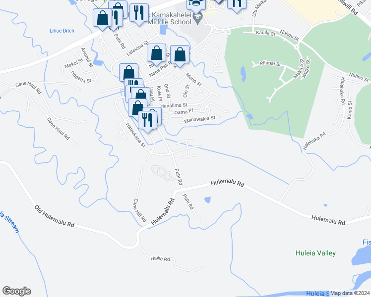 map of restaurants, bars, coffee shops, grocery stores, and more near 1919 Haleukana Street in Lihue