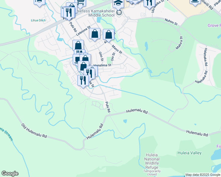map of restaurants, bars, coffee shops, grocery stores, and more near 1919 Haleukana Street in Lihue