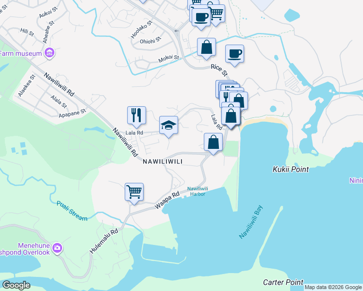 map of restaurants, bars, coffee shops, grocery stores, and more near in Lihue