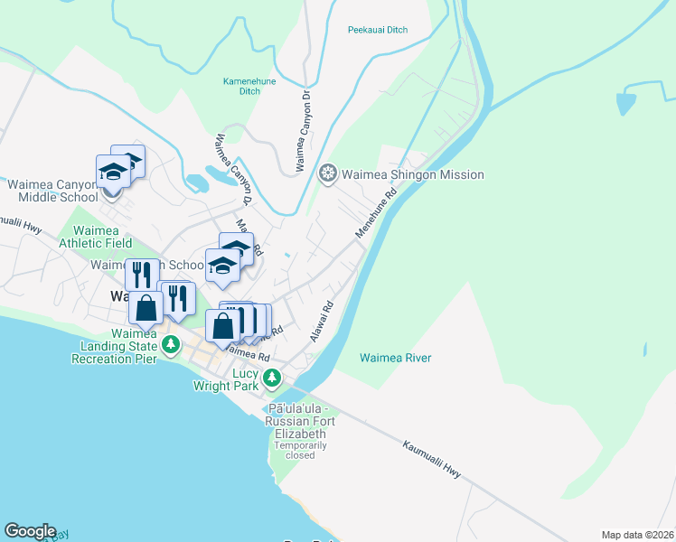 map of restaurants, bars, coffee shops, grocery stores, and more near 4714 Menehune Road in Waimea