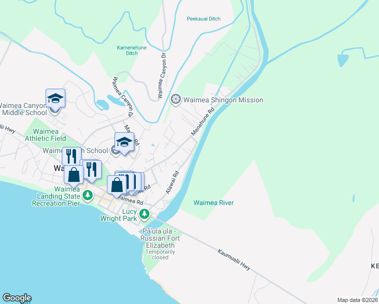 map of restaurants, bars, coffee shops, grocery stores, and more near 4721 Alawai Road in Waimea