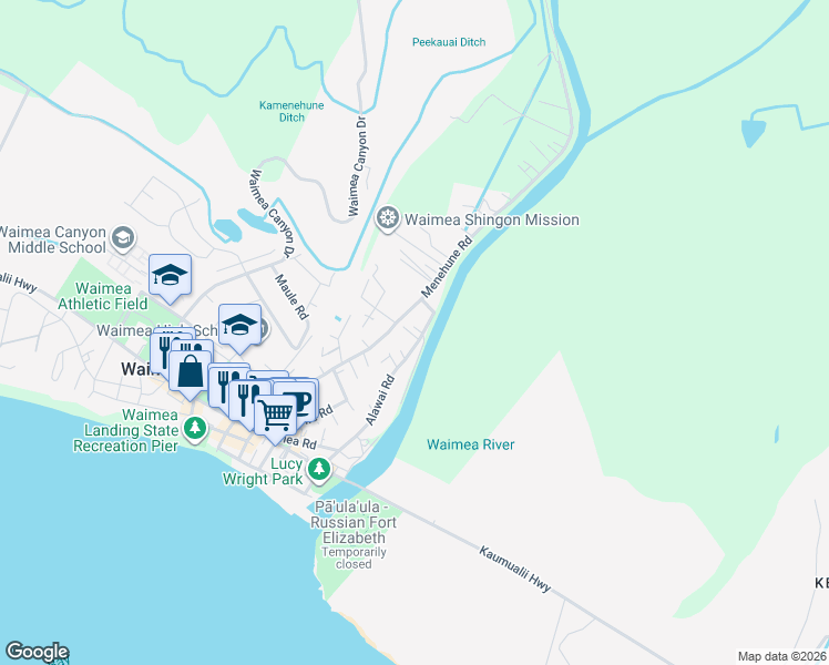 map of restaurants, bars, coffee shops, grocery stores, and more near 4721 Alawai Road in Waimea