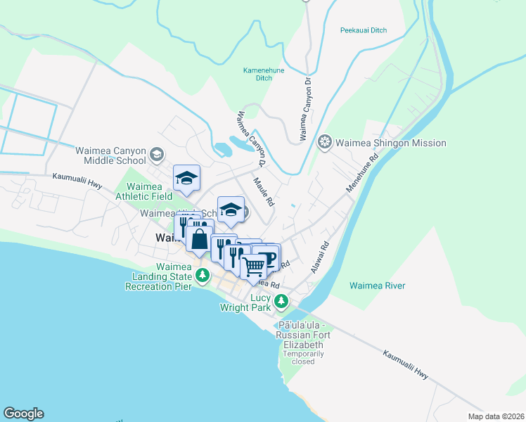 map of restaurants, bars, coffee shops, grocery stores, and more near 4600 Ola Road in Waimea