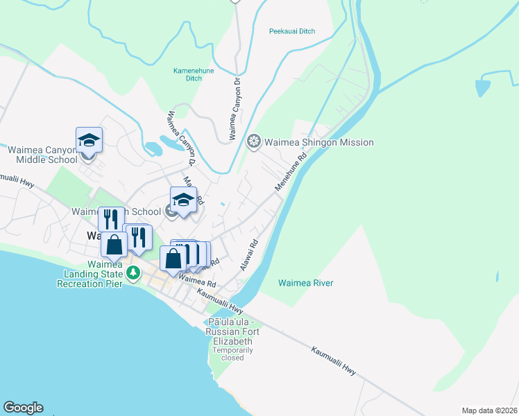 map of restaurants, bars, coffee shops, grocery stores, and more near 4714 Menehune Road in Waimea