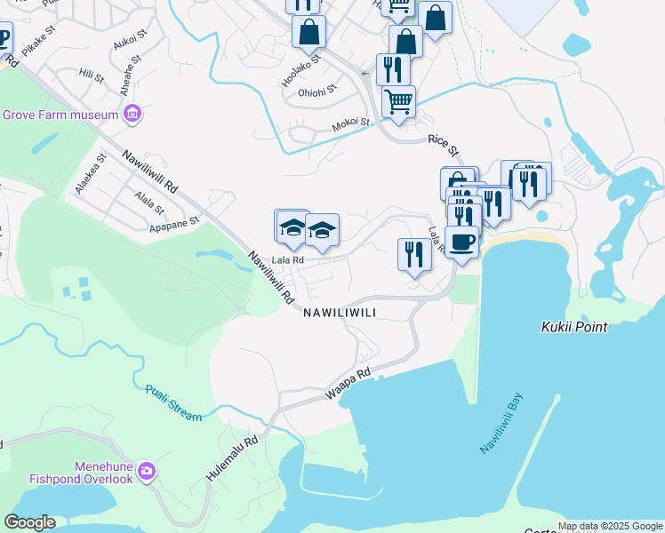 map of restaurants, bars, coffee shops, grocery stores, and more near 3577 Lala Road in Līhuʻe