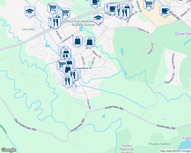 map of restaurants, bars, coffee shops, grocery stores, and more near 2090 Hanalima Street in Lihue
