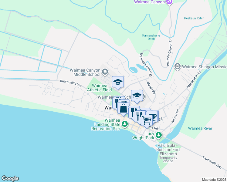 map of restaurants, bars, coffee shops, grocery stores, and more near 9567 Huakai Road in Waimea