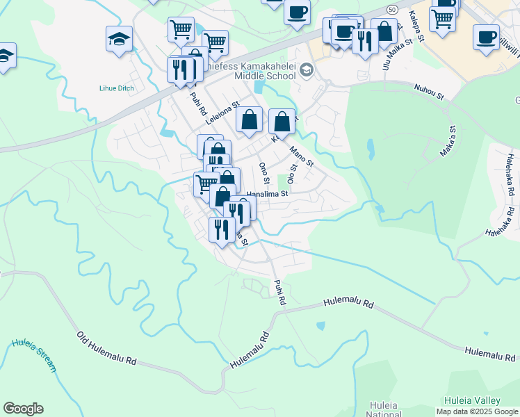 map of restaurants, bars, coffee shops, grocery stores, and more near 4205 Kole Place in Lihue