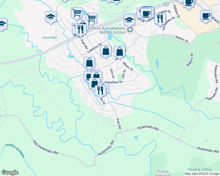 map of restaurants, bars, coffee shops, grocery stores, and more near 4205 Kole Place in Lihue