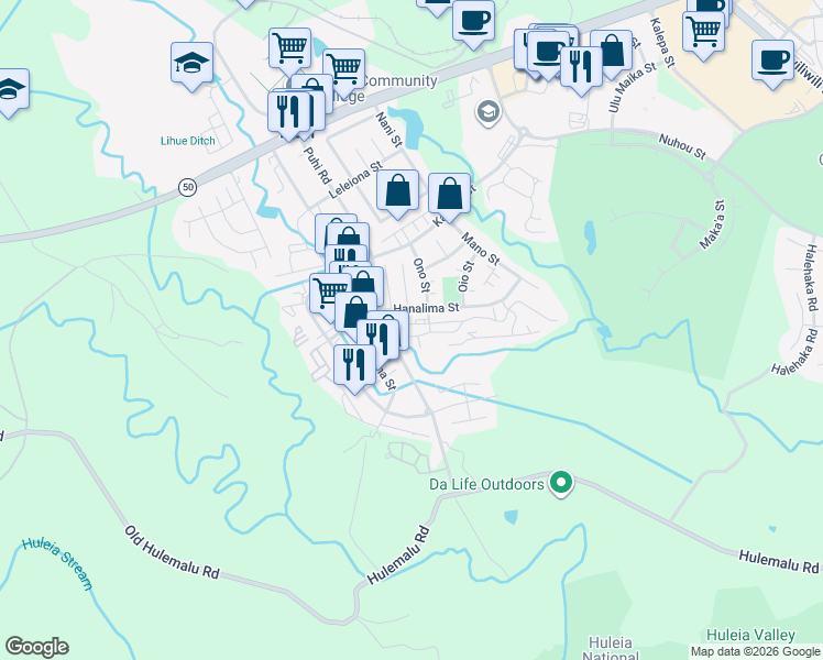 map of restaurants, bars, coffee shops, grocery stores, and more near 4205 Kole Place in Lihue