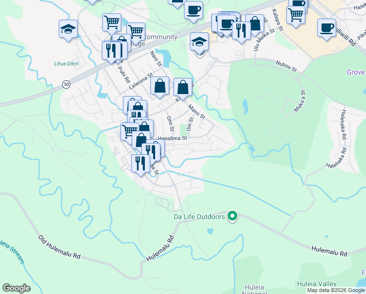 map of restaurants, bars, coffee shops, grocery stores, and more near 1970 Hanalima Street in Lihue