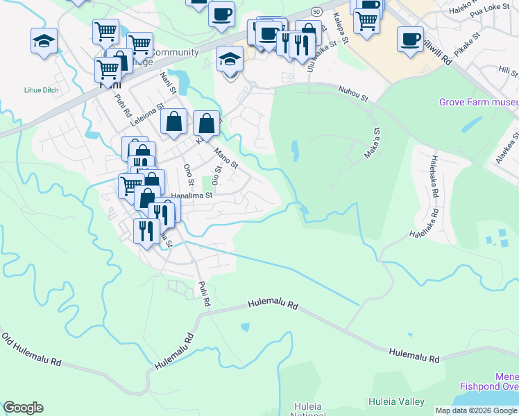 map of restaurants, bars, coffee shops, grocery stores, and more near in Lihue