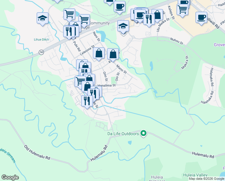 map of restaurants, bars, coffee shops, grocery stores, and more near 1970 Hanalima Street in Lihue