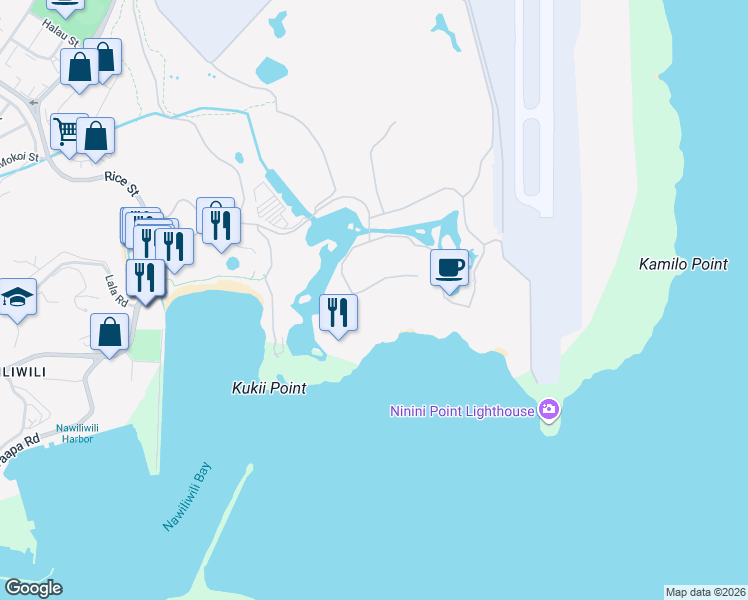 map of restaurants, bars, coffee shops, grocery stores, and more near Unnamed Road in Lihue