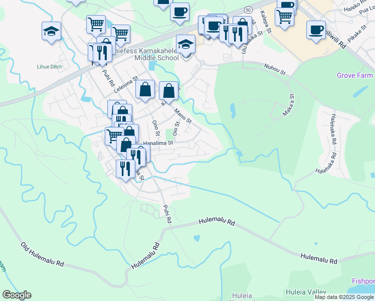 map of restaurants, bars, coffee shops, grocery stores, and more near 2090 Hanalima Street in Lihue